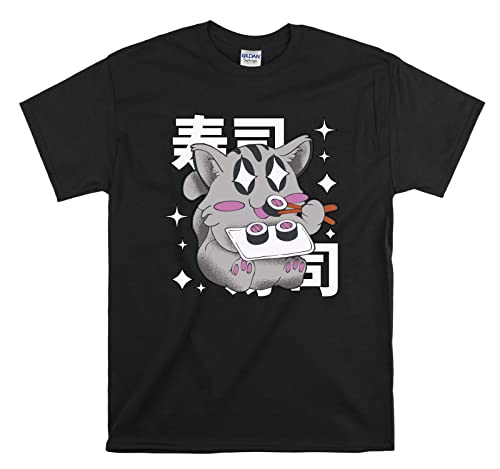 T-shirt Cat is Eating Sushi Noir M Mode Urbaine Manga et Chat