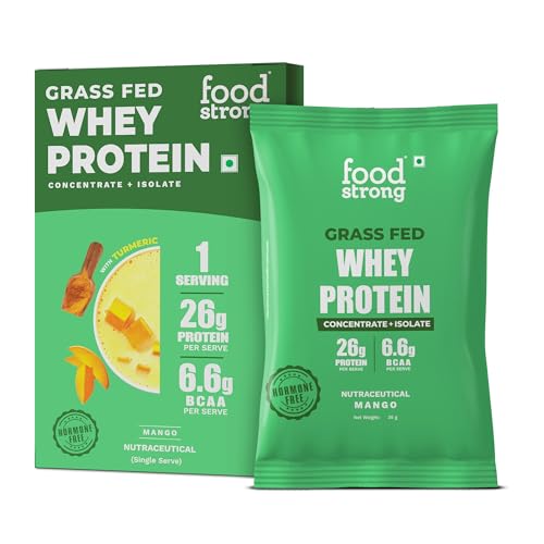 Image of Foodstrong Whey Protein Powder (Concentrate + Isolate), 100% Hormone Free Grass-Fed Whey, 26G Protein & 6.6G BCAA, Mango, With Turmeric & Digestive Enzymes, 35G