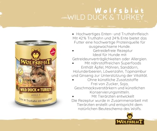Wolfsblut Wild Duck & Turkey 6x395g - Hundefutter/Nassfutter - für Allergiker geeignet, getreidefrei & voller Vitalstoffe - mit Ente & Truthahn - ohne künstliche Zusätze & hoher Fleischanteil