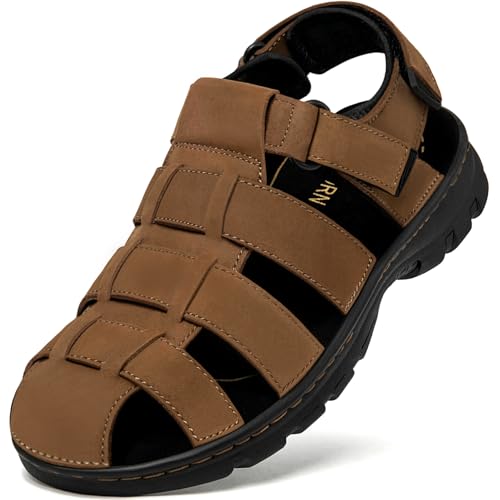Image of Men's Sport Sandals Closed Toe Leather Hiking Athletic Walking Outdoor Beach Trail River Fishing Water Shoes Lightweight Comfortable Waterproof