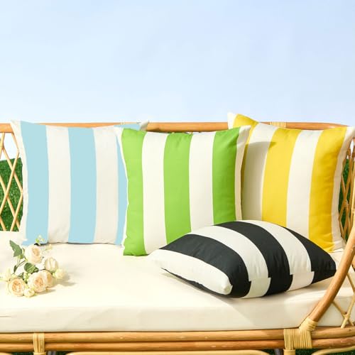 Image of Allorry Outdoor Pillow Covers 20x20 Set of 2 Light Blue Striped Decoration Throw Pillow Covers for Spring Summer Outdoor Waterproof Garden Patio Furniture Sofa Bed Home Decor JB007-O20