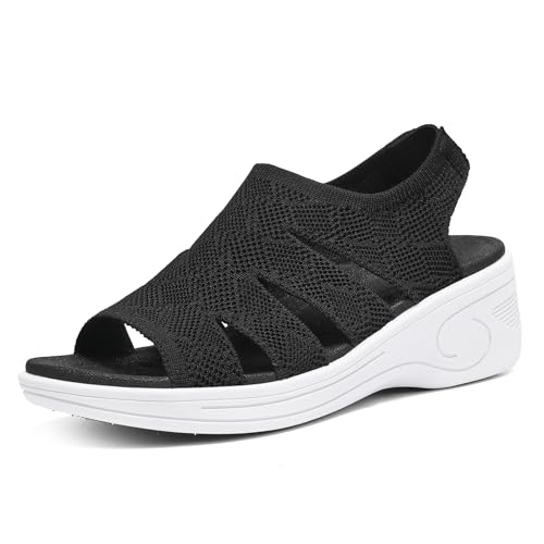 Image of Womens Wedge Sandals Platform Walking Sandals Open Toe Ankle Elastic Strap Casual Comfortable Summer Dressy