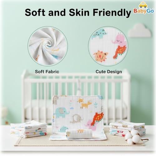 Image of BabyGo Cotton Extra Soft Muslin Washcloths for Newborn Baby | 100% Pure Cotton Reusable Face Towels & Hankies | Gentle Skin-Friendly Baby Towels 30x30 cm for Infants & Toddlers (Pack of 2)