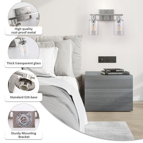 Image of Brushed Nickel Bathroom Light Fixtures Over Mirror,2-Light Bathroom Vanity Light with Clear Glass Shade,Modern Farmhouse Wall Sconces Lighting for Mirror Kitchen Living Room Cabinet