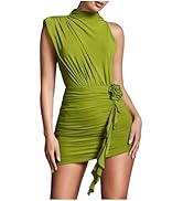 GORGLITTER Women's Flower Bodycon Mini Dress Ruched Sleeveless Mock Neck Asymmetrical Summer Wedd...