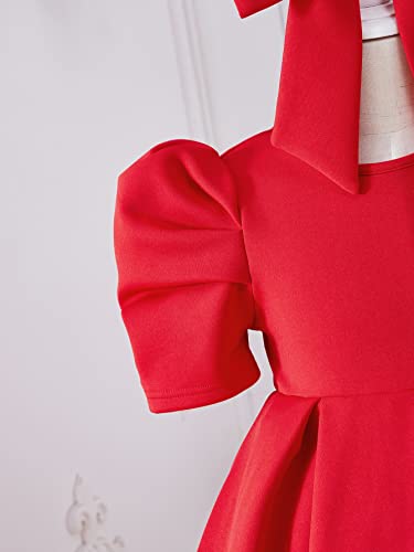 OYOANGLE Girl's Cute Short Puff Sleeve Round Neck Bow Back Flared A Line Short Dress Birthday Outfits2