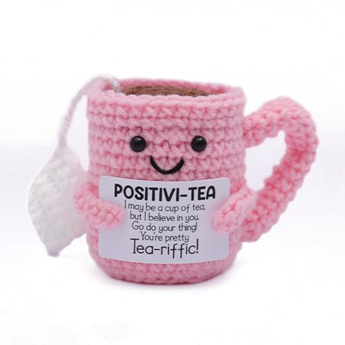 InteDesign Handmade Emotional Support Crochet Funny Positive Pink Cup Gifts with Cards Knitted Animal Plush Doll for Women Girls Friend Party Decoration Encouragement Good Luck Gifts (Pink Cup)