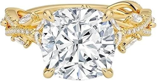 4 Carat Yellow Gold Cushion Cut Moissanite Engagement Ring for Women, Nature Inspired Floral Leaf Design, 10K 14K 18K Solid Gold or 925 Sterling Silver, Vintage Promise Wedding Ring, Unique Proposal Ring Gift