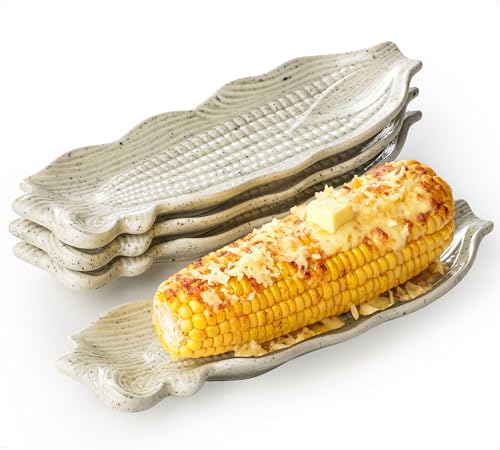 YHOJOY Corn on the Cob Plates Set of 4, 10 Inch Ceramic Corn Cob Dishes