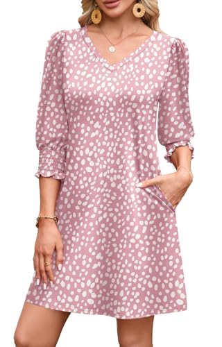 WIHOLL Summer Dresses for Women 2025 V Neck 3/4 Sleeve Spring Dresses Casual Cute Womens Beach Vacation Fashion Floral Sundresses Mini Sun Dress Cruise Outfits Resort Wear Pink Dots S