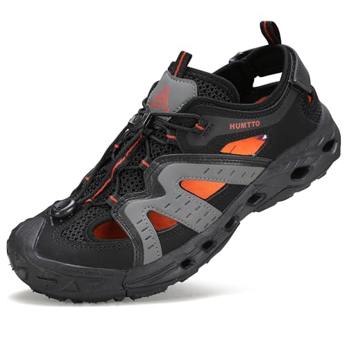 HUMTTO Men's Amphibious Closed Toe Hiking Sandals Quick-Dry Water Shoes Non-Slip Athletic Adjustable Outdoor Fisherman Beach Summer Walking Travel Shoe 9-9.5 Maroon/Black