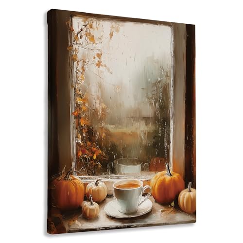 FTKBGHY Fall Coffee Canvas Wall Art Framed, Cozy Fall Room Decor, Cottagecore Pumpkin Autumn leaves Poster Prints Wall Decorations for Coffee Shop Dining Room Kitchen, 11x14 Inch