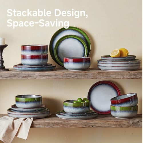 Image of KINGSTONE Stoneware Dinnerware Sets for 6, 18-Piece Reactive Glaze Plates and Bowls Sets, Scratch-Resistant Rustic Ceramic Dish Set for Daily Party Gifts, Microwave Dishwasher Safe, Kiln-Fired Green