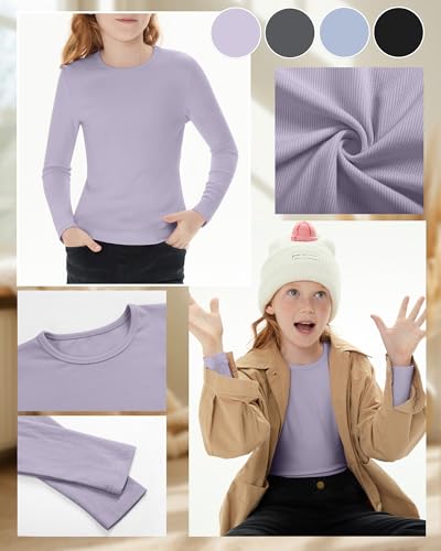 Image of 4 Pack Girls Long Sleeve Shirts Ribbed Knit Cotton Crewneck Tops Slim Fit Soft Casual Kids Base Layer Undershirts