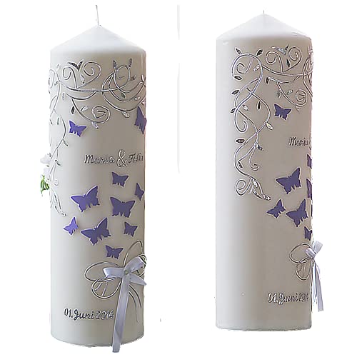 Hochzeitskerze mit Namen und Datum - Kerze zur Hochzeit - Traukerze, mit Schmetterlinge - 300 x 70 mm - Handarbeit, Wachsmotiv