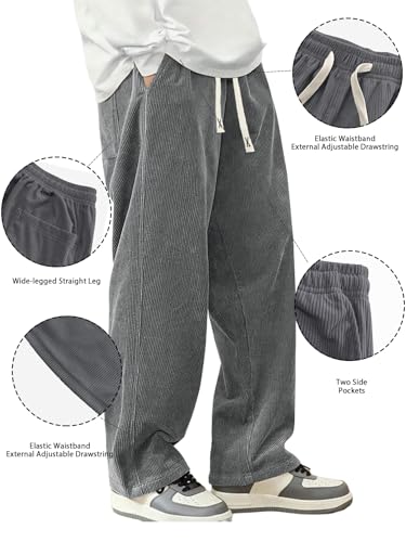 Image of Hidkat Mens Corduroy Casual Pants Fashion Loose Fit Wide Leg Pants Straight Sweatpants Elastic Waist Drawstring