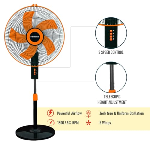 Image of Blueberry's 5 Blade Pedestal Fan High Speed for Home | 3 Adjustable Fan Speeds | 1300 RPM Motor | 2 Year Warranty -Orange