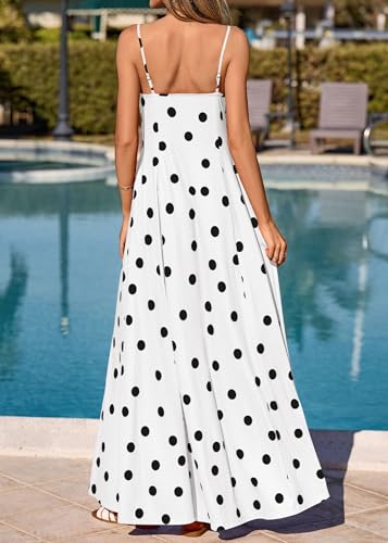 Image of KIRUNDO Womens Polka Dot Spaghetti Strap Flowy Maxi Dress | Sleeveless V Neck Boho Long Dresses, 2026 Summer Beach Vacation Cruise Outfits, A-Line Backless Sundress With Pockets