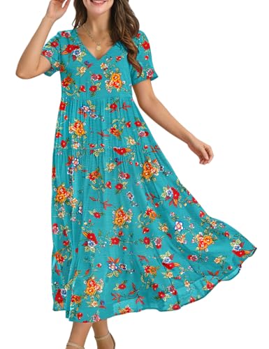 Image of YESNO Women's Summer Maxi Dresses Casual Floral Short Sleeve V Neck Boho Beach Vacation Swing Dress with Pockets EVF