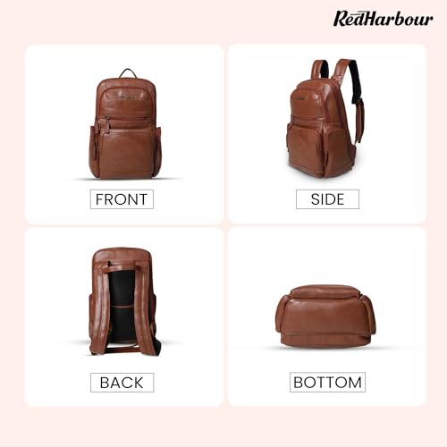 Image of Red Harbour Genuine Leather Laptop Backpack for Men & Women | Office Business Travel Backpack with Spacious Compartments, Side Pockets & Metal Zipper