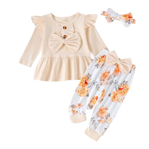 Image of LUNFEGO Baby Girl Clothes Infant Toddler Outfits Ruffle Top + Floral Pants + Bow Headband Set Baby Girls' Clothing
