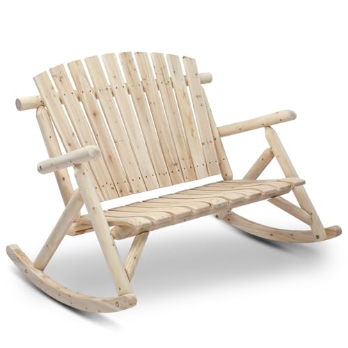 Outvita 2-Person Wood Rocking Chair, Fir Log Adirondack Rocker, Outdoor Wood Accent Furniture Lounge Chairs with Wide Curved Seats for Garden Patio Backyard Porch (Natural Finish)