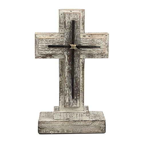 Stonebriar Accents Of Faith 9" Wooden Pedestal Cross With Metal Details, Worn White #TOP1