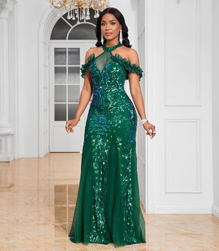 Image of Cololura Women Sexy Sequin Halter Neck Short Sleeve Mesh Perspective Party Bodycon Evening Cocktail Maxi Dress