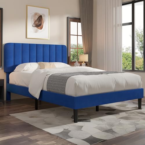 Image of VECELO Queen Size Bed Frame with Upholstered Headboard, Velvet Platform Bedframe Mattress Foundation, Strong Wood Slat Support, No Box Spring Needed,Blue