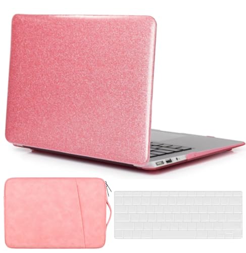 Laptop Hard Case Compatible with MacBook 12 Inch Cover with Retina Display 2017 2016 2015 Release Model A1534, Leather Protective Shell Case & Sleeve & Keyboard Skin Cover, Glitter Pink