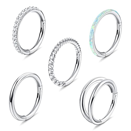 Jstyle 5Pcs 18G 16G Surgical Steel Nose Rings Hoop for Women Opal CZ Clicker Hinged Septum Nose Ring Lip Helix Cartilage Hoop Earring Daith Rook Conch Piercing Jewelry for Women 8mm 10mm
