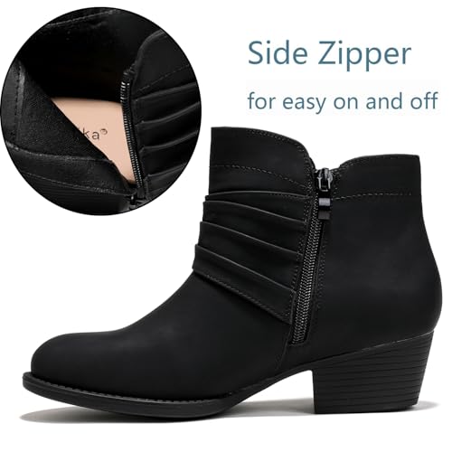 Luoika Women's Wide Width Ankle Boots - Black Brown Short Boots Block Low Heel Side Zipper Booties.4
