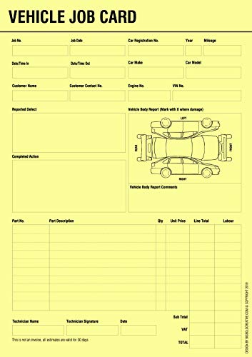 Vehicle Service Repair Job Work Card Record Sheet for Car Service Centres (50)
