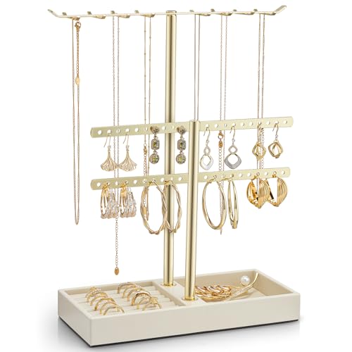 Vlando 2 Tier Jewelry Stand Organizer with Tary, Leather Jewelry Holder Display for Women, Gold Jewlery Holder Stand for Necklace, Earring, Bracelet, Rings - Cloud White B. Cloud White 2-Lay