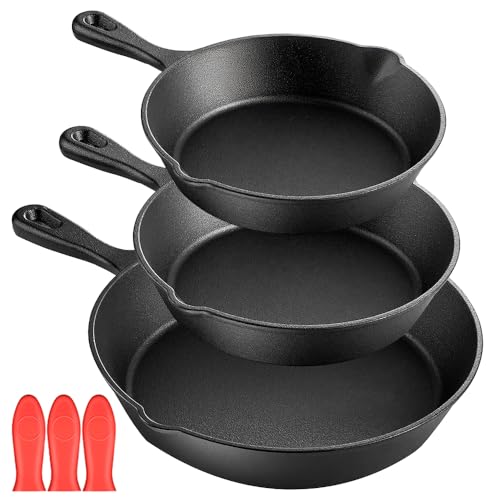 Ausein Juego de 3 Sartenes de Hierro Fundido, Cast Iron Skillet con 3 Asas Aisladas, Cacerolas de Hierro Fundido Antiadherentes, Ideal para el hogar...