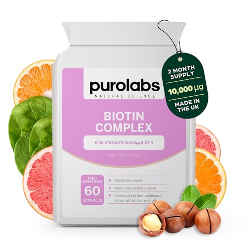 Purolabs Biotin Hair Growth Supplement 10,000μg - Hair Skin & Nails Vitamins for Men & Women with Selenium, Zinc & Vitamin C - 60 Vegan Capsules - Made in The UK by Purolabs