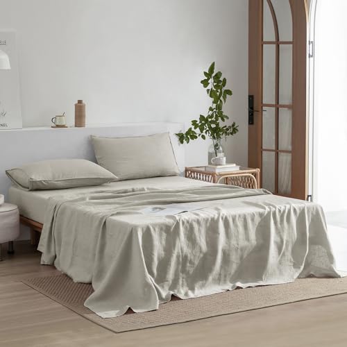EVERLY Linen Sheets Set Full Size,100% French Stonewash Pure Linen Bed Sheets,4Pieces (1Flat Sheet,1Fitted Sheet,2Pillowcase) Suitable for Hot Sleepers,Deep Pocket Natural Bedding Set