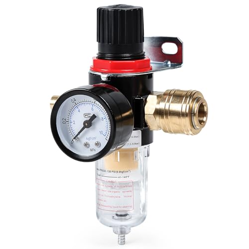 Image of 1/4in Pressure Regulator, 0.5 to 8.5kg/cm² Pressure Adjustment Compressed Air Regulator w/Water Separator and Quick Couplings, for Air Compressor Filter