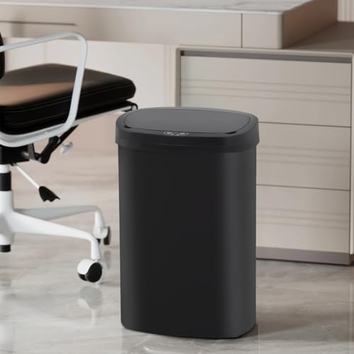Image of BestOffice | 13 Gallon Plastic Trash Can with Lid | Black | Automatic Touchless Garbage Can | Odor Control | Modern Oval Design | Easy to Clean | For Kitchen, Bathroom, Office or Home