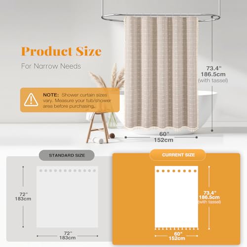 Image of BTTN 60 Inch Stall Shower Curtain, Boho Farmhouse Linen Fabric Tassel Shower Curtain Set with 10 Plastic Hooks, Narrow Country Decorative Water-Repellent Shower Curtains for Bathroom, 60x72, Tan /Taupe