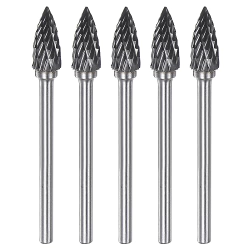 sourcing map 5pcs Carbide Rotary Burrs 1/8 (3mm) Shank 1/4 (6mm) Head Double Cut Pointed G Shape Die Grinder Bits Rasp Files for Metal Wood Plastic Polishing Engraving