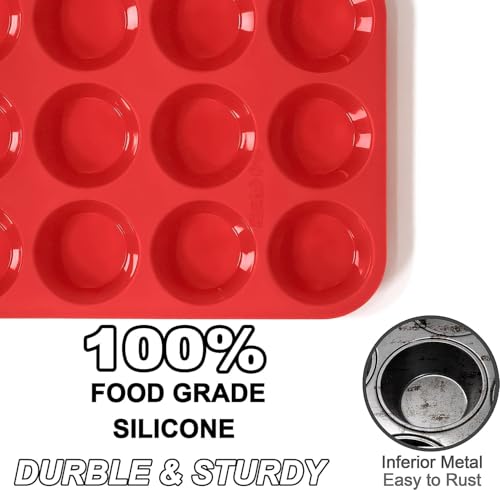 2 Pack Mini Muffin Pan, 24 Cups Silicone Cookies Cupcake Bakeware Tin Round Cupcake Tray Baking Mould Non Stick Heat-Resistant (Red + Grey) - Image 4