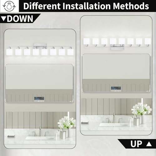Image of Brushed Nickel Bathrooms Lights for Huge Mirror, 8 Light Anti-Rust Finish with Milky White Frosted Glass Shades, 51 Inch Above Mirror Lights for Bathroom, E26