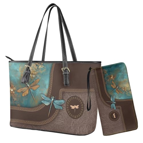Set de cartera y bolso Tote para mujer en PU cuero marrón miniatura 1