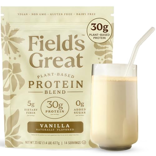 Field's Great Vanilla Pea Protein Powder – 30g Vegan Protein for Muscle Support with 5g Fiber, Pre & Probiotics for Gut Health – GLP1-Friendly, Gluten-Free, Kosher, 0 Sugar, Non-GMO, No Whey, 23oz