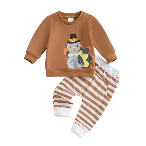 MAYUMMPY Toddler Baby Boys Thanksgiving Pants Outfits Long Sleeve Shirts Turkey Sweatshirt Pants Fall Winter Clothes Set (thanksgiving Khaki, 12-18 Months)