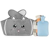 KKTICK Wärmflaschen, 1L Gummi Wärmeflasche mit Bezug und Hand Taillen-Bezug, 3 in 1 Wärmflaschengürtel Set für Nacken Schulter Rücken Beine Taillenwärmung, Wärmbeutel für Kinder Erwachsene(Katze)