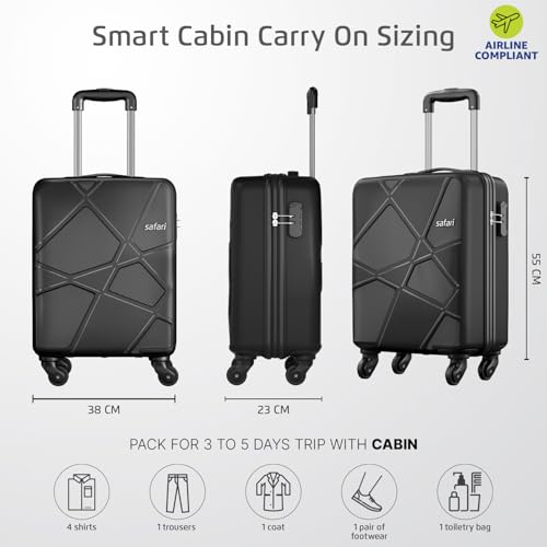 Image of Safari Cabin Polypropylene (Pp) Pentagon Hardside Small Size Luggage Suitcase 4 Spinner Wheels Trolley Bags for Travel Black Color 55 Cm