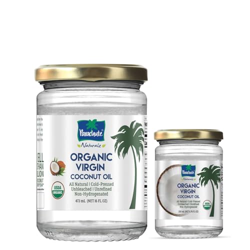Image of Parachute Naturalz Virgin Coconut Oil | 100% Organic Cooking Oil, Hair Oil and Body Oil | Cold Pressed | USDA Certified |16 Fl. Oz | Glass Jar | 16 fl oz + 6.7 floz | Pack of 2