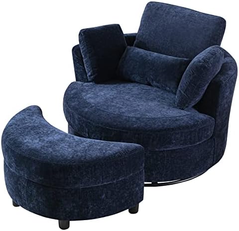 Oversized Swivel Accent Round Barrel Chair with Storage Ottoman+4Pillows, Modern Comfy Upholstered 360 Swivel Recliner Sofa Chair Chaise Leisure Lounge Chair for Living Room Bedroom (Navy Chenille)